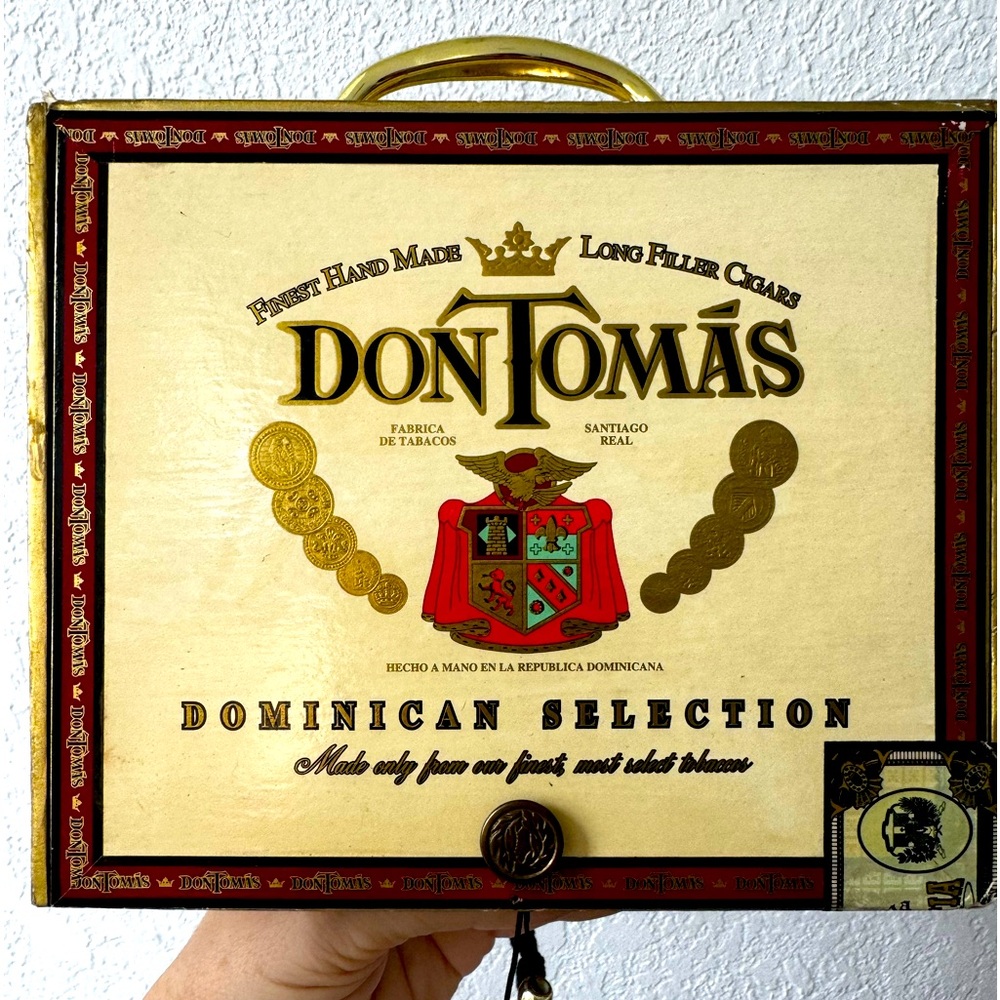 Don Tomás Cigar box bag/ purse, gold handle, rope style strap w/ beads & tassel